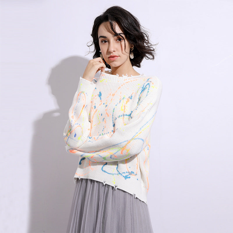 Women Knitwear Tie-Dyed Sweater Autumn Loose Long Sleeve Knitted Top