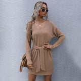 Women Knitted Sweater Autumn Long Sleeve Solid Color and V-neck Knitted Sweater Dress