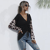 Women Knitted Sweater Autumn Long Sleeve Loose Black Leopard Splicing