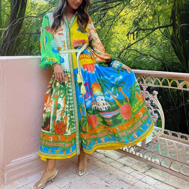 Women Dresses Cardigan Lace-up Graffiti Long Sleeve Dress (Jrm0409)