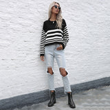 Women Knitted Sweater Autumn Black Knitted Striped round Neck Sweater Bottoming Shirt Women's Loose