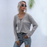 Women Knitted Sweater Autumn Gray Long Sleeves V-neck Solid Color Pullover Loose Sweater