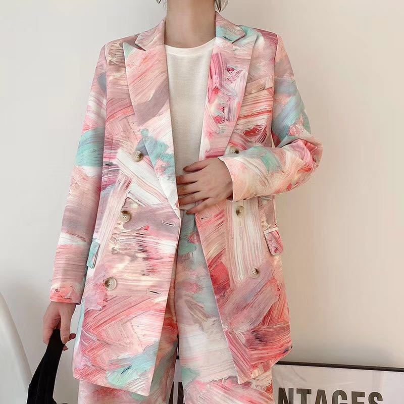 Women Suits Fall Graffiti Printing Blazer Wide Leg Shorts Suit