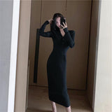 Women Maxi Dress Autumn and Winter V-neck Long Sleeve Sweater Dress Knitted Dress Long Skirt