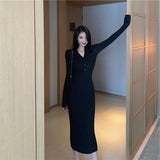 Women Maxi Dress Autumn and Winter V-neck Long Sleeve Sweater Dress Knitted Dress Long Skirt