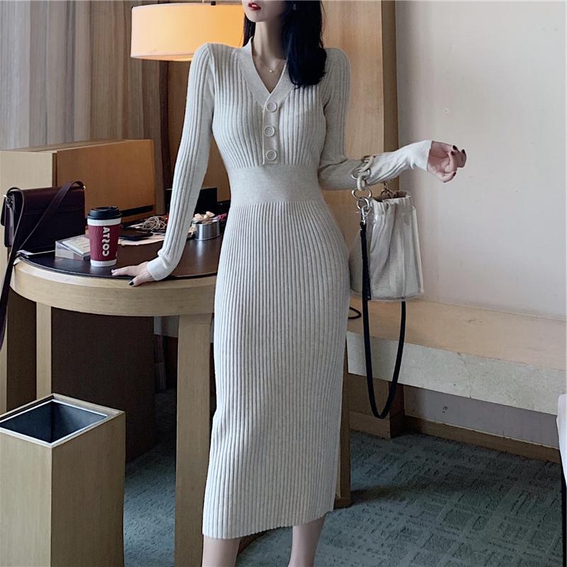 Women Maxi Dress Autumn and Winter V-neck Long Sleeve Sweater Dress Knitted Dress Long Skirt