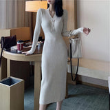 Women Maxi Dress Autumn and Winter V-neck Long Sleeve Sweater Dress Knitted Dress Long Skirt