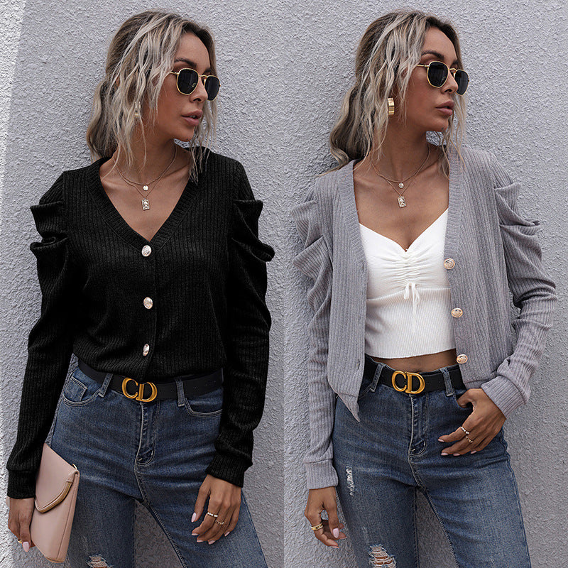 Women Knitted Sweater Fall V-neck Solid Color Knitted Long Sleeve Sweater Short Coat for Women