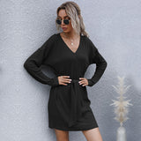 Women Knitted Sweater Autumn Long Sleeve Solid Color and V-neck Knitted Sweater Dress