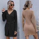 Women Knitted Sweater Autumn Long Sleeve Solid Color and V-neck Knitted Sweater Dress