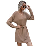Women Knitted Sweater Autumn Long Sleeve Solid Color and V-neck Knitted Sweater Dress