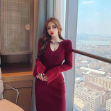 Women Maxi Dress Autumn Winter Sexy Long Sleeve Chain V-neck Knitted Sheath Dress