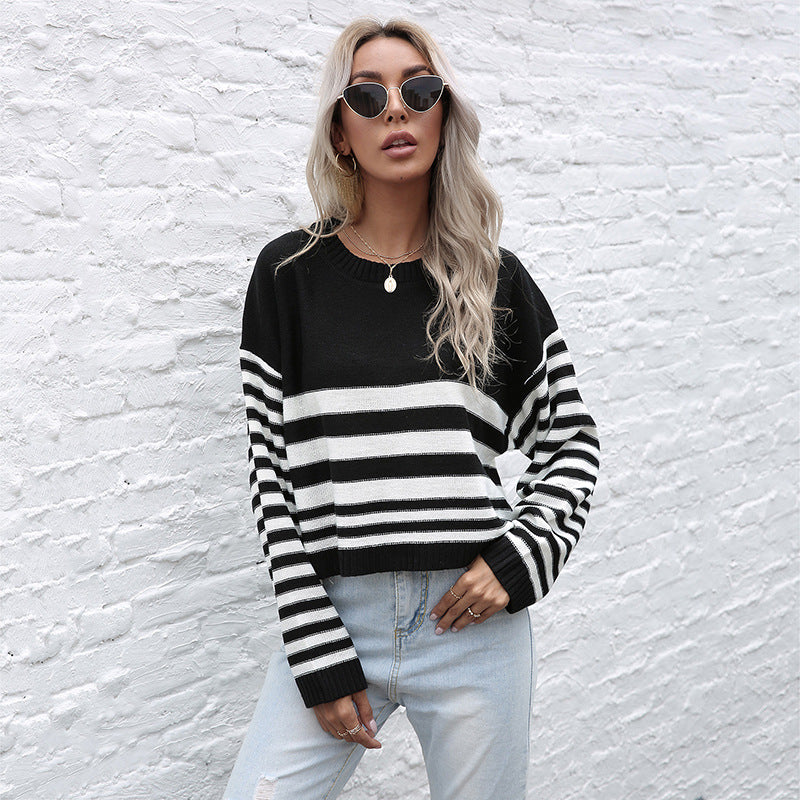 Women Knitted Sweater Autumn Black Knitted Striped round Neck Sweater Bottoming Shirt Women's Loose