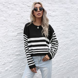 Women Knitted Sweater Autumn Black Knitted Striped round Neck Sweater Bottoming Shirt Women's Loose
