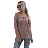 Women Knitted Sweater Autumn Gray Long Sleeves V-neck Solid Color Pullover Loose Sweater