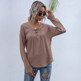 Women Knitted Sweater Autumn Gray Long Sleeves V-neck Solid Color Pullover Loose Sweater