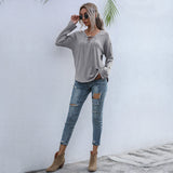 Women Knitted Sweater Autumn Gray Long Sleeves V-neck Solid Color Pullover Loose Sweater