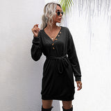 Women Knitted Sweater Autumn Solid Color V-neck Black Slim-Fit Long-Sleeved Button Knitted Sweater Dress