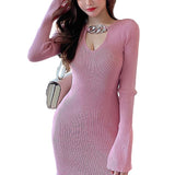 Women Maxi Dress Autumn Winter Sexy Long Sleeve Chain V-neck Knitted Sheath Dress