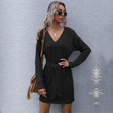 Women Knitted Sweater Autumn Long Sleeve Solid Color and V-neck Knitted Sweater Dress