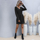 Women Knitted Sweater Autumn Long Sleeve Solid Color and V-neck Knitted Sweater Dress