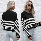 Women Knitted Sweater Autumn Black Knitted Striped round Neck Sweater Bottoming Shirt Women's Loose