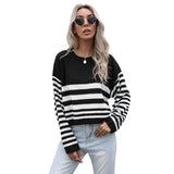 Women Knitted Sweater Autumn Black Knitted Striped round Neck Sweater Bottoming Shirt Women's Loose