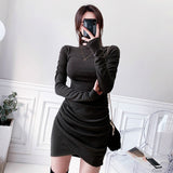 Women Dresses Turtleneck Pleated Dress Long Sleeve Tight Sheath Short Dress