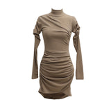 Women Dresses Turtleneck Pleated Dress Long Sleeve Tight Sheath Short Dress