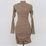 Women Dresses Turtleneck Pleated Dress Long Sleeve Tight Sheath Short Dress