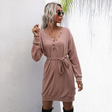 Women Knitted Sweater Autumn Solid Color V-neck Black Slim-Fit Long-Sleeved Button Knitted Sweater Dress