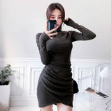 Women Dresses Turtleneck Pleated Dress Long Sleeve Tight Sheath Short Dress