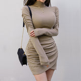 Women Dresses Turtleneck Pleated Dress Long Sleeve Tight Sheath Short Dress