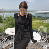 Women Dresses Suspender Long Skirt Wrapped Dress Cardigan Long Skirt Two-Piece Set