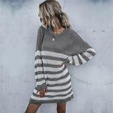 Women Knitted Sweater Autumn Long Sleeve Striped round Neck Knitted Dress Sweater Women's Long