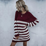 Women Knitted Sweater Autumn Long Sleeve Striped round Neck Knitted Dress Sweater Women's Long