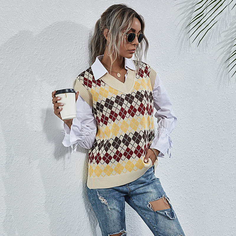 Women Knitted Sweater Autumn V-neck Rhombus Women's Sweater Vest
