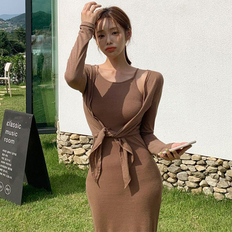 Women Dresses Suspender Long Skirt Wrapped Dress Cardigan Long Skirt Two-Piece Set