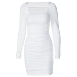 Women Dresses Spring Square Collar Long Sleeve Sexy Slim Fit Dress