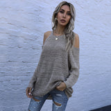 Women Knitted Sweater Fall Slim Fit Solid Color round Neck Knitted Bottoming Shirt off-the-Shoulder Sweater