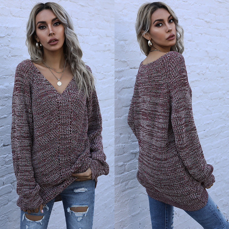 Women Knitted Sweater Autumn Leisure Long Sleeve Loose V-neck Sweater
