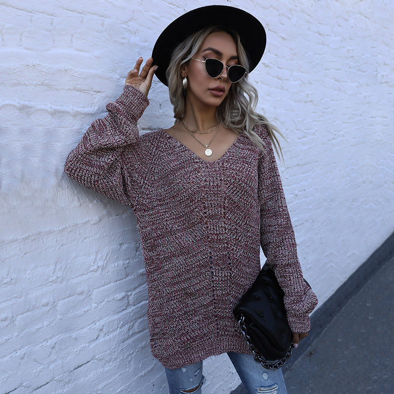 Women Knitted Sweater Autumn Leisure Long Sleeve Loose V-neck Sweater