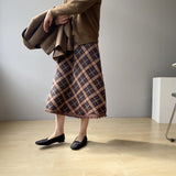 Women Knitted Skirt Vintage Plaid Skirt