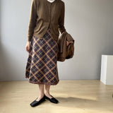 Women Knitted Skirt Vintage Plaid Skirt
