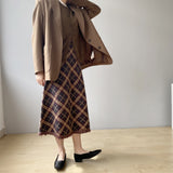 Women Knitted Skirt Vintage Plaid Skirt
