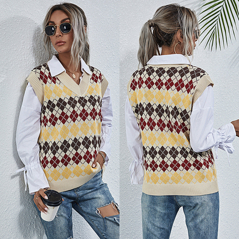 Women Knitted Sweater Autumn V-neck Rhombus Women's Sweater Vest
