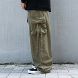 Men Sweatpants Multi-Pocket Cargo Pants Elastic Waist Drawstring Ankle Banded Pants Loose Ribbon Casual Trousers