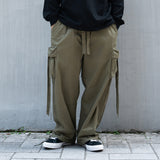 Men Sweatpants Multi-Pocket Cargo Pants Elastic Waist Drawstring Ankle Banded Pants Loose Ribbon Casual Trousers