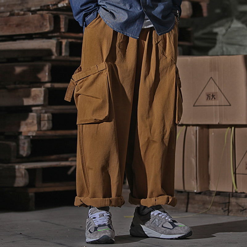 Men Sweatpants Multi-Pocket Cargo Pants Loose Straight Long Trousers