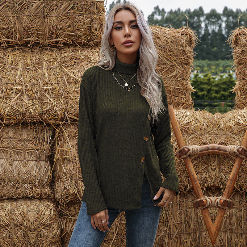 Women Knitted Sweater Autumn and Winter Solid Color Long Sleeve Asymmetric Slit Turtleneck Base Loose Sweater